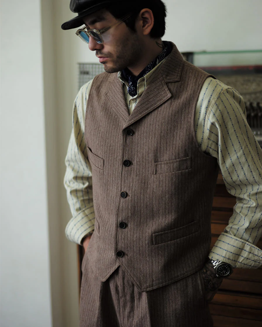 Mock Twill Pinstriped Vest Brown - Image 5