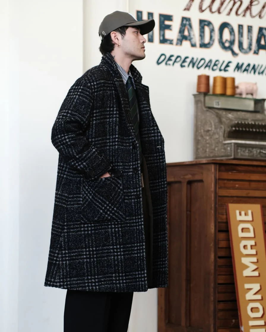 Black Check Wool Raglan Overcoat - Image 2