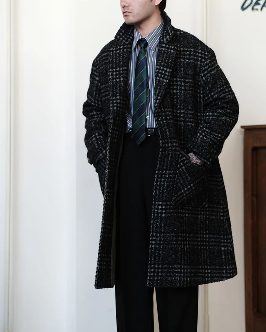 Black Check Wool Raglan Overcoat - Image 4