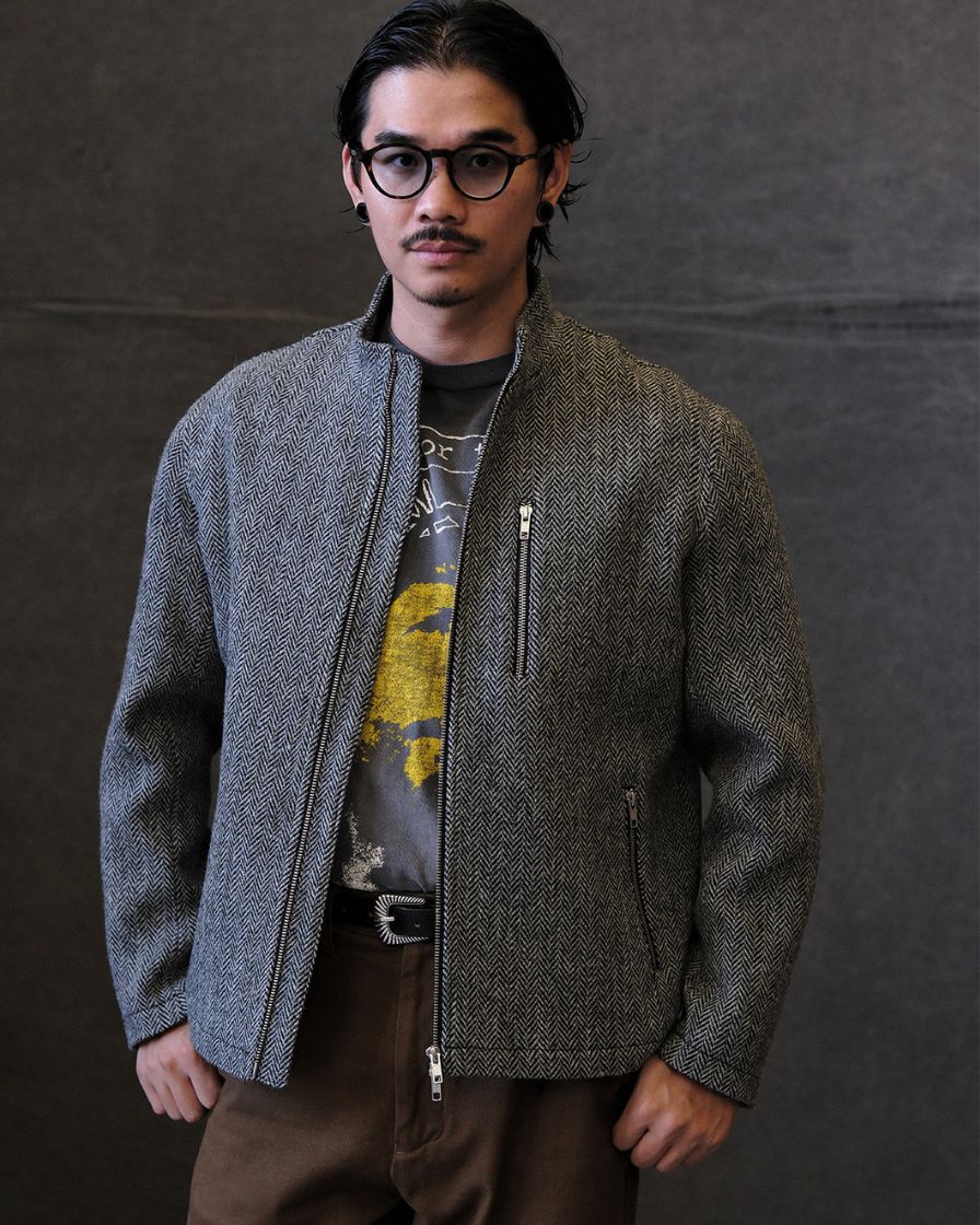Chevron Stand Collar Tweed Jacket - Image 10