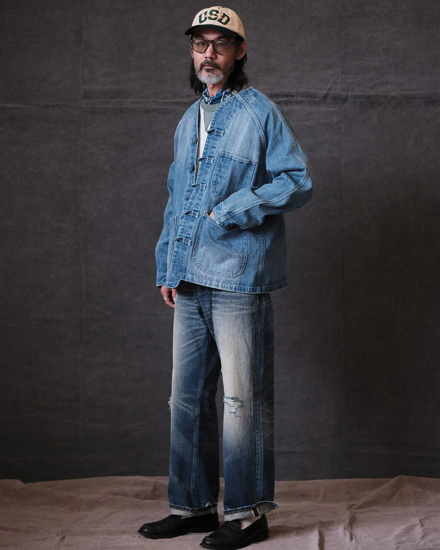 Distressed Denim Knot Button Collarless Jacket - Image 3
