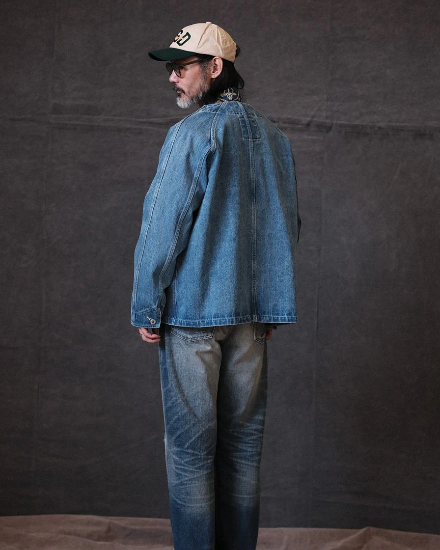 Distressed Denim Knot Button Collarless Jacket - Image 4