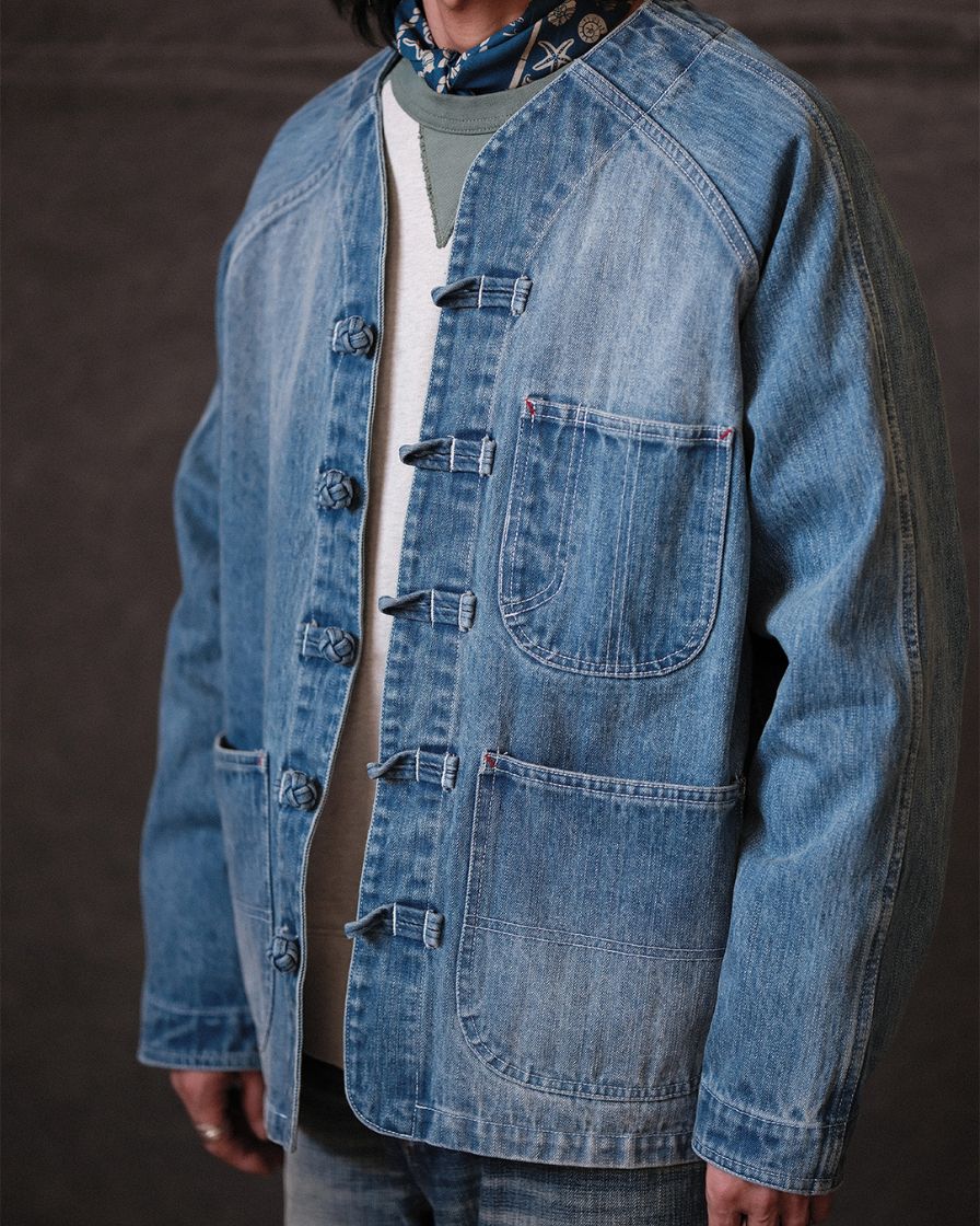Distressed Denim Knot Button Collarless Jacket - Image 5