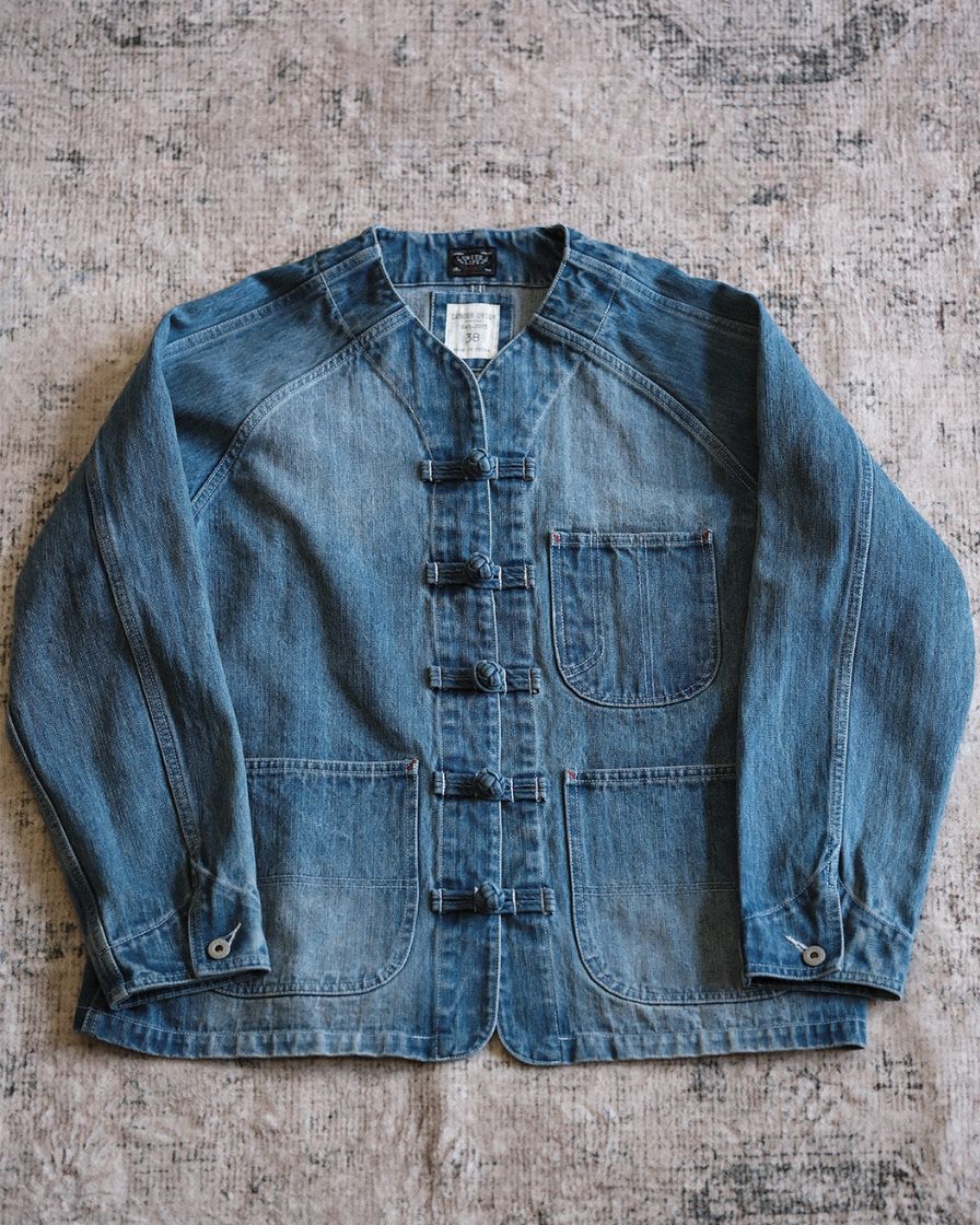 Distressed Denim Knot Button Collarless Jacket - Image 6
