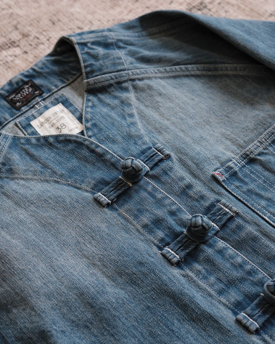 Distressed Denim Knot Button Collarless Jacket - Image 8