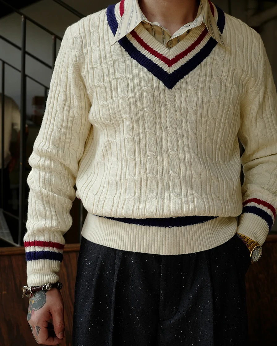 V Neck Cricket Sweater Blue&Red - Image 3