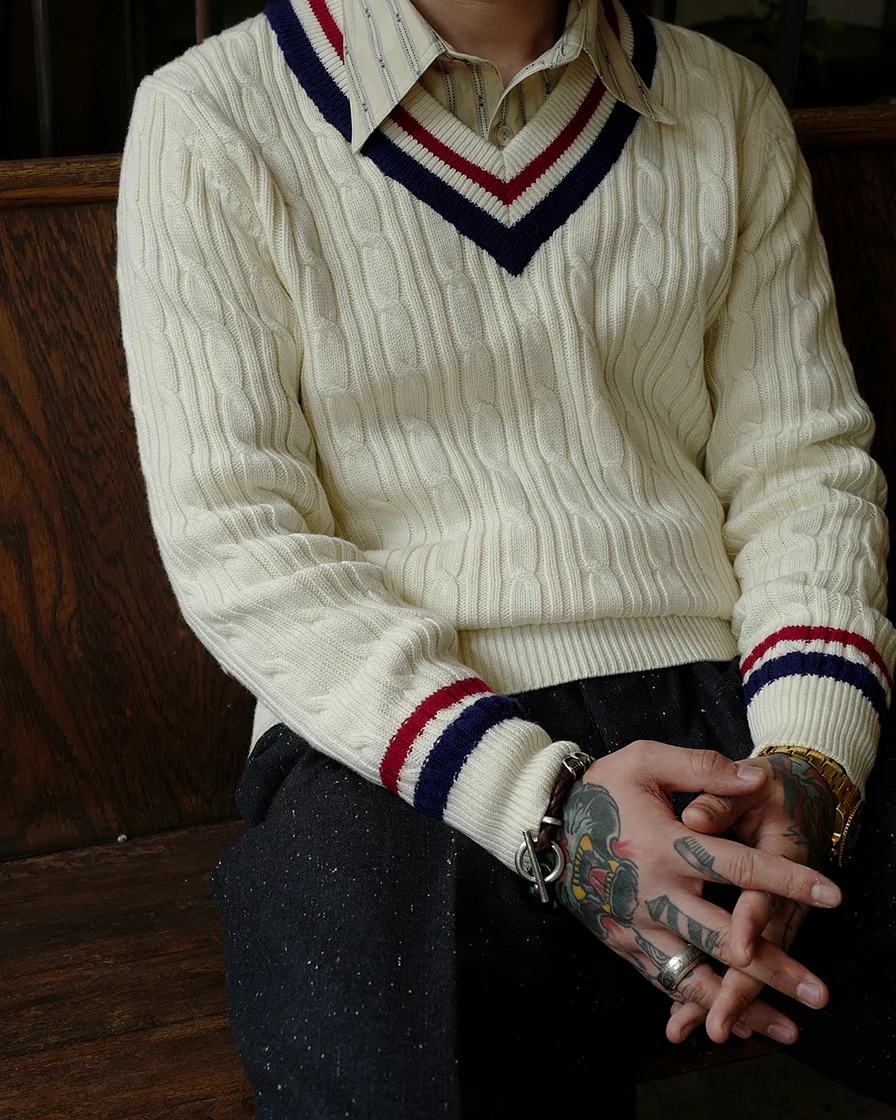 V Neck Cricket Sweater Blue&Red - Image 4