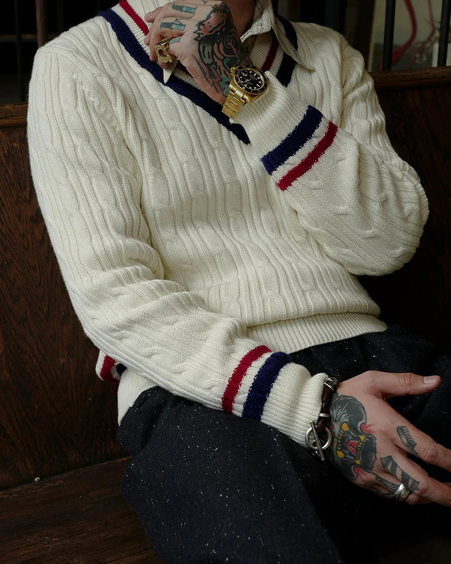 V Neck Cricket Sweater Blue&Red - Image 5