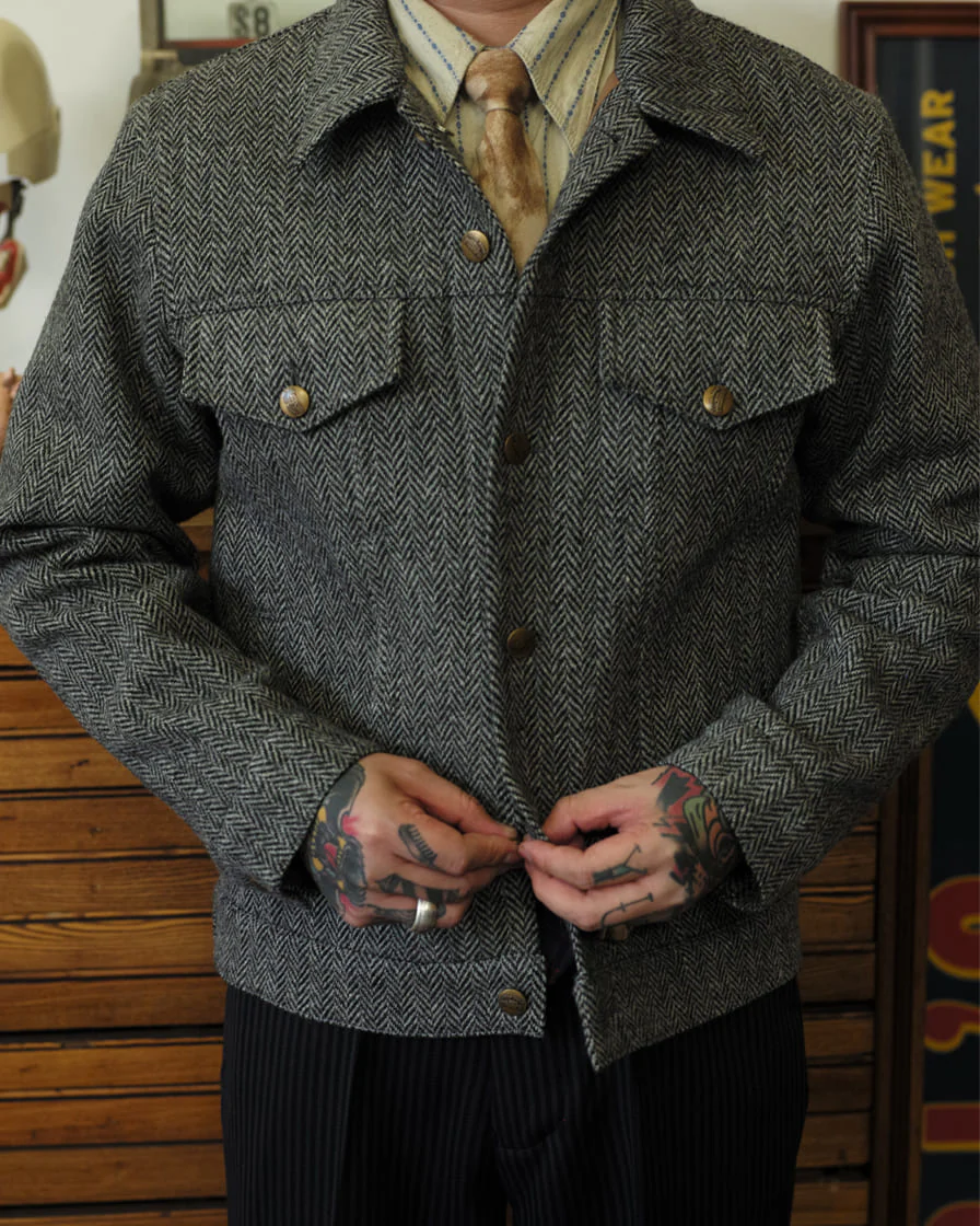 Herringbone Trucker Jacket Grey - Image 3