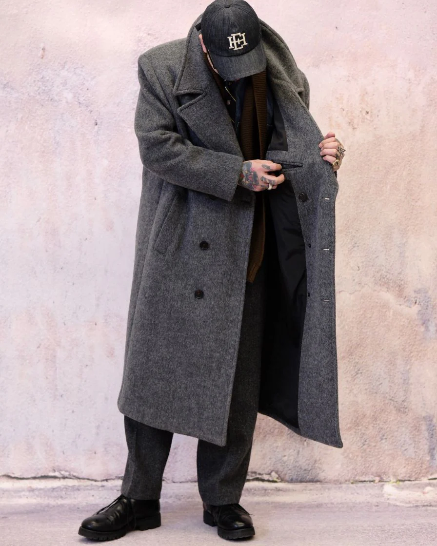 Tweed Peaked Lapel Double-breasted Trench Coat - Image 3