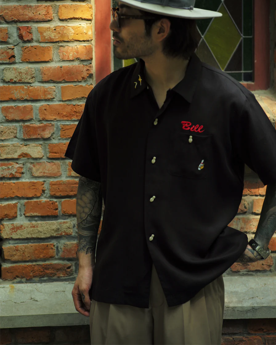 'What, Me worry' Bowling Shirt-Black - Image 3