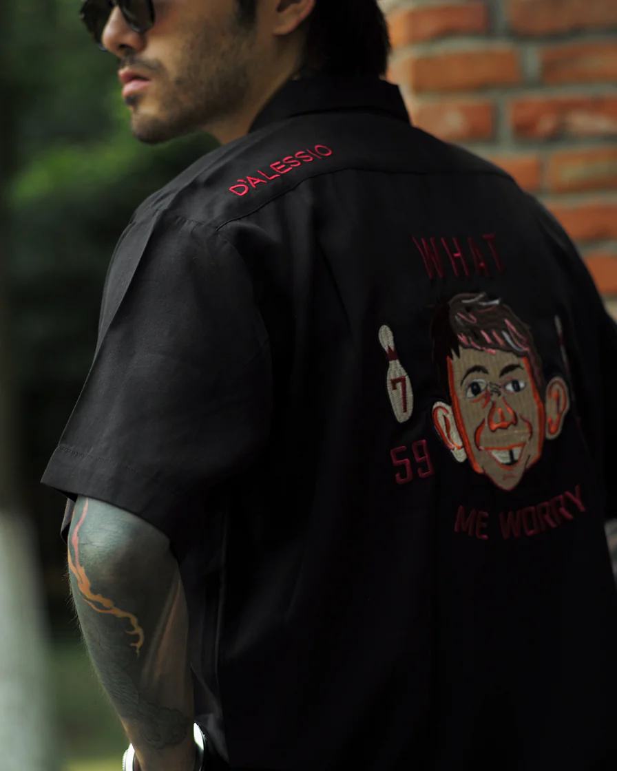 'What, Me worry' Bowling Shirt-Black - Image 5