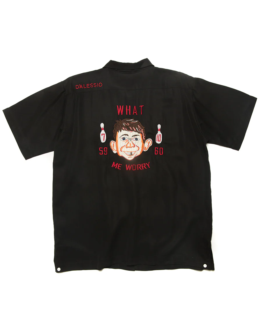 'What, Me worry' Bowling Shirt-Black - Image 8