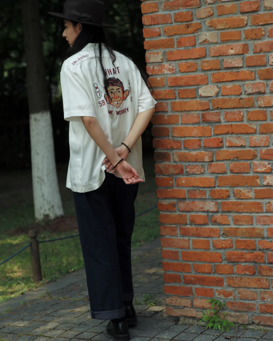 'What, Me worry" Bowling Shirt-White - Image 3